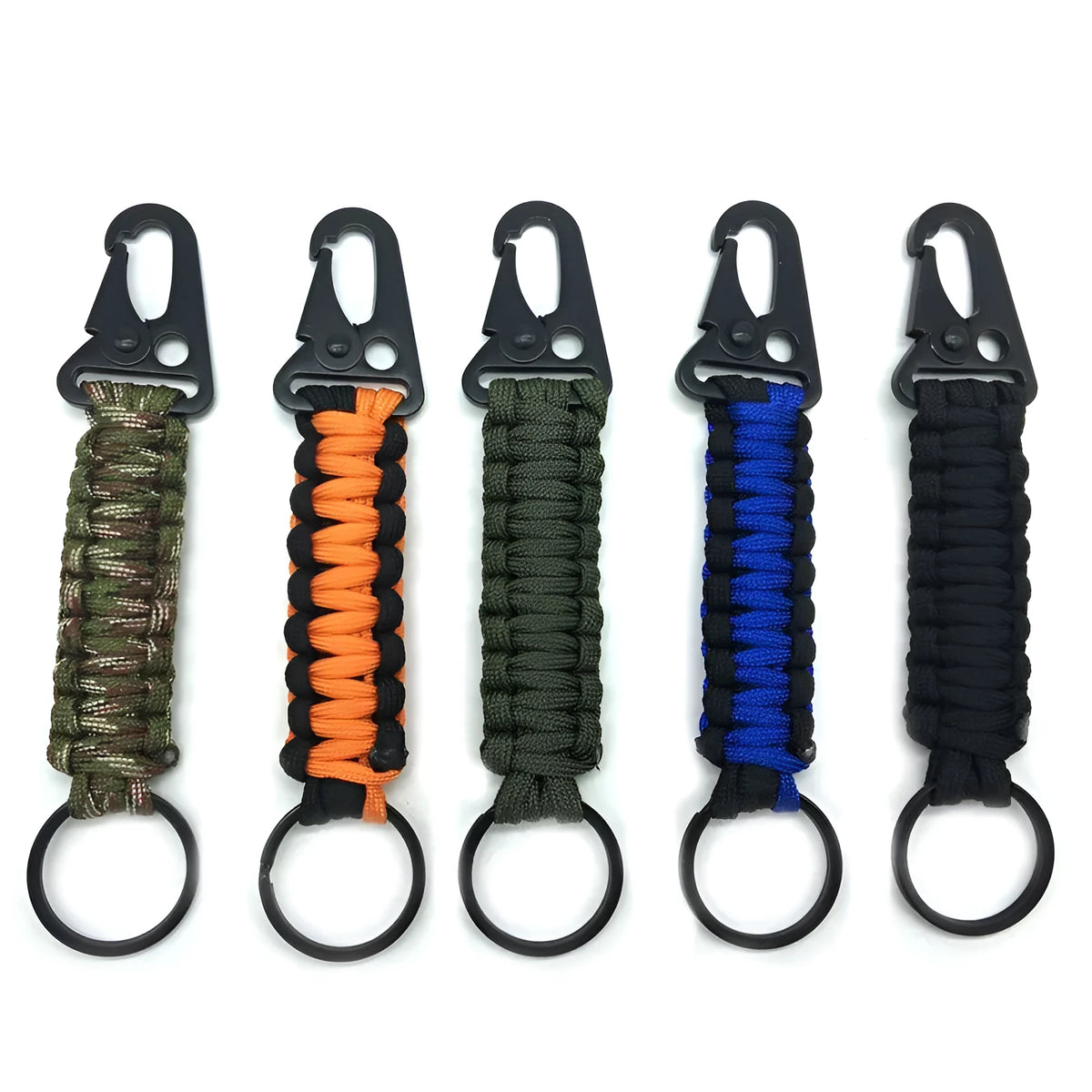 Seven-core parachute cord keychain with metal clasp in black, army green, and orange colours.