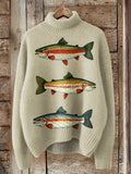 Women's loose-fit Christmas printed turtleneck sweater in a soft macaron colour.