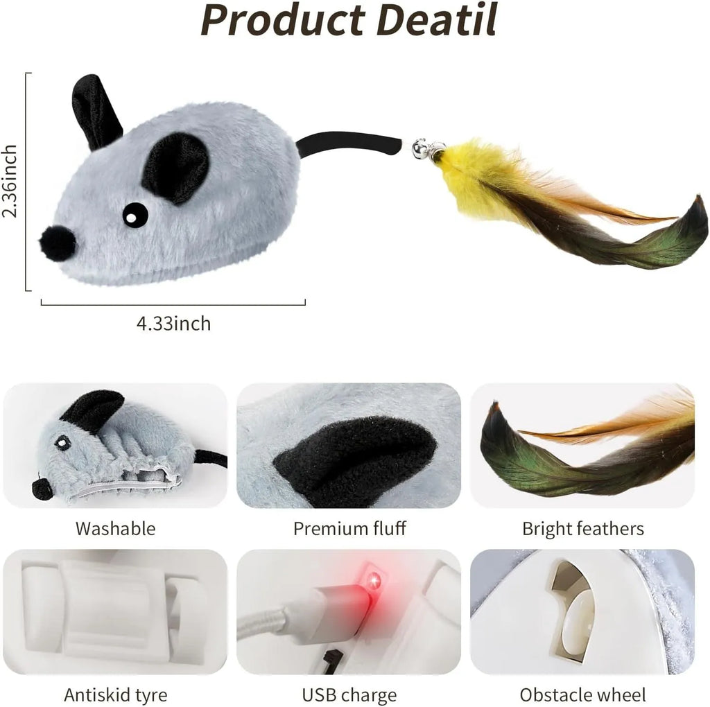 Grey and yellow rechargeable automatic cat mouse toy with feather tail and LED lights