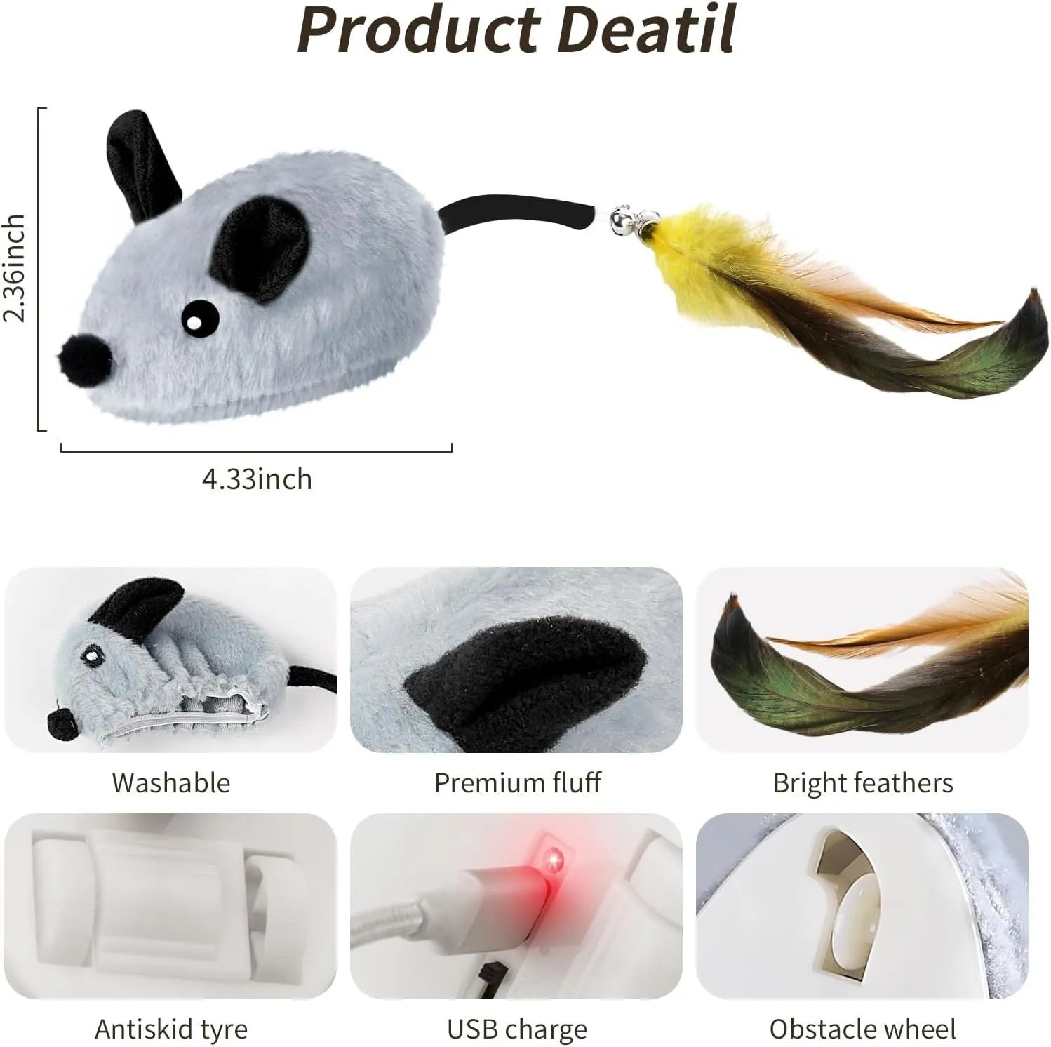 Grey and yellow rechargeable automatic cat mouse toy with feather tail and LED lights