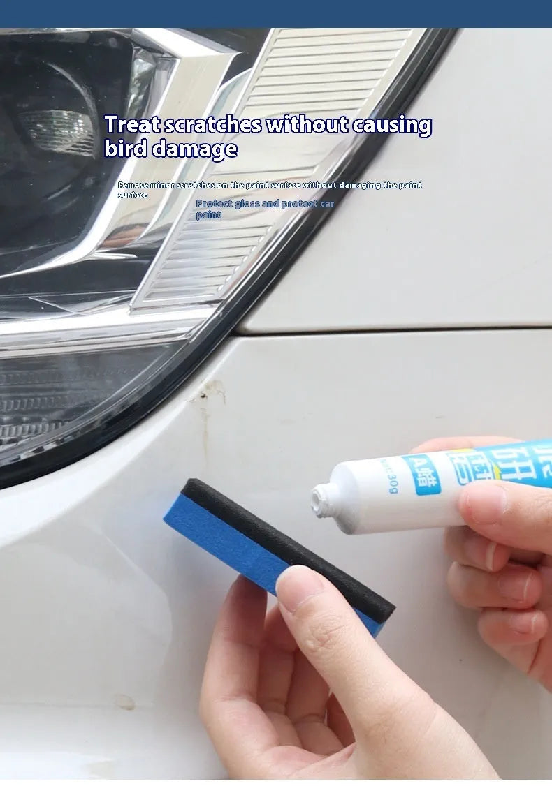 Car scratch repair wax kit showing A wax, B wax, and a frosted sponge mop for paint polishing