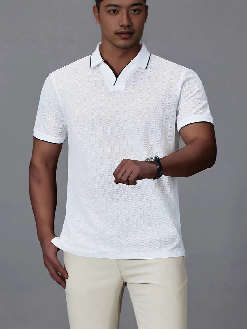 Men's loose-fitting short-sleeved polo shirt in ice silk nylon fabric, shown in black colour.