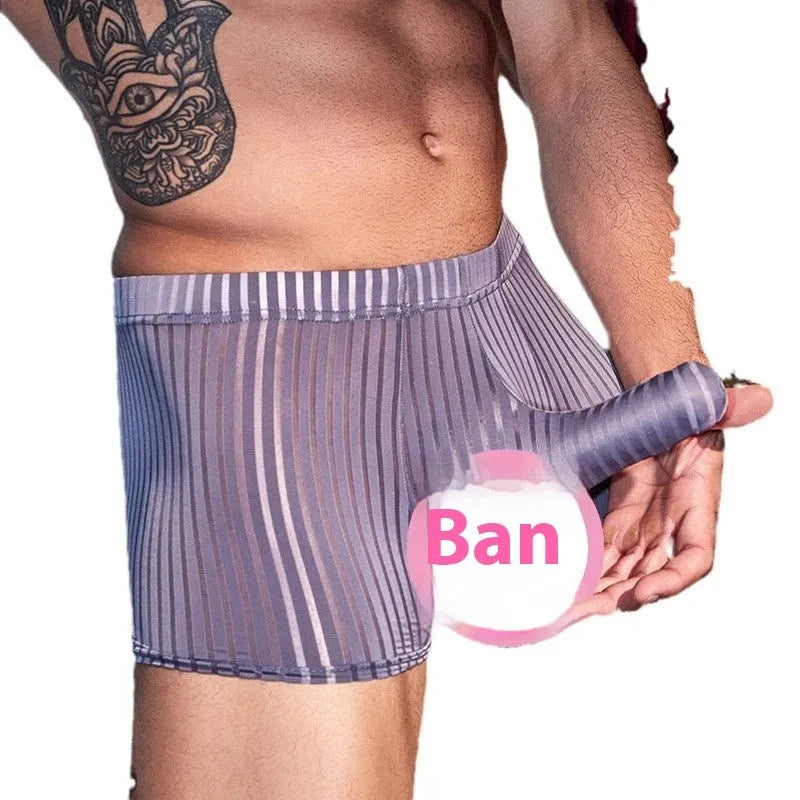 Men's black striped boxer briefs made from high elastic nylon fabric.