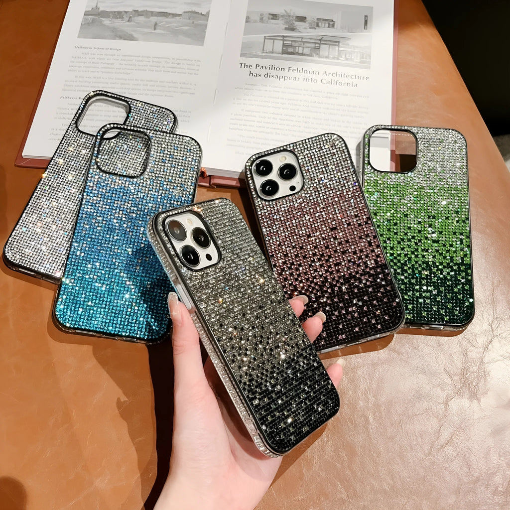 Rainbow stripe diamond iPhone case in TPU and PC, back cover style, available in blue, gold, orange and purple.