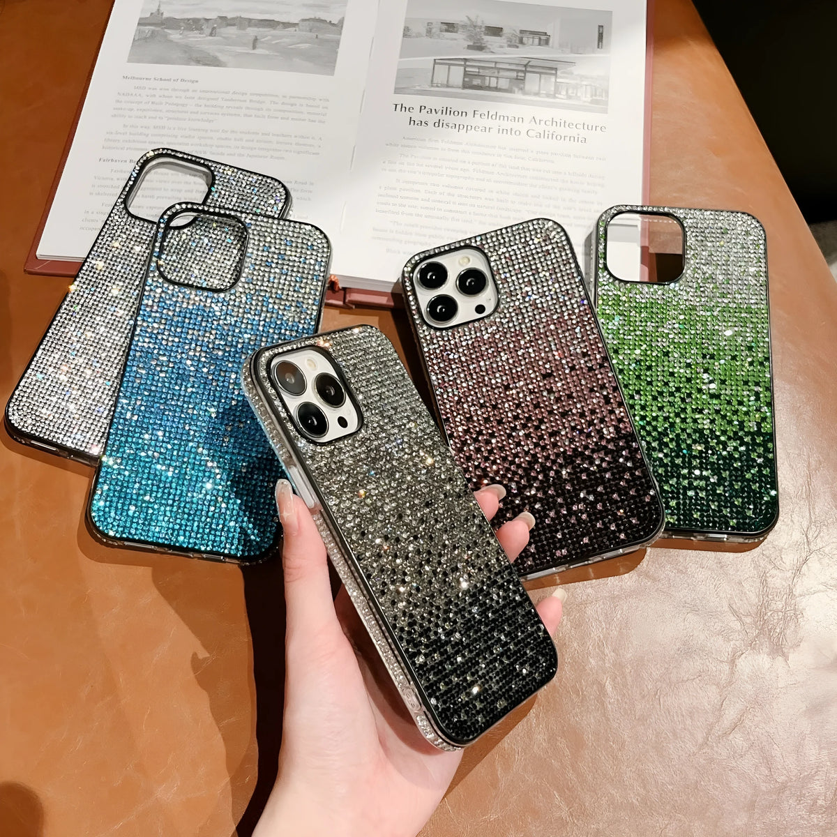 Rainbow stripe diamond iPhone case in TPU and PC, back cover style, available in blue, gold, orange and purple.