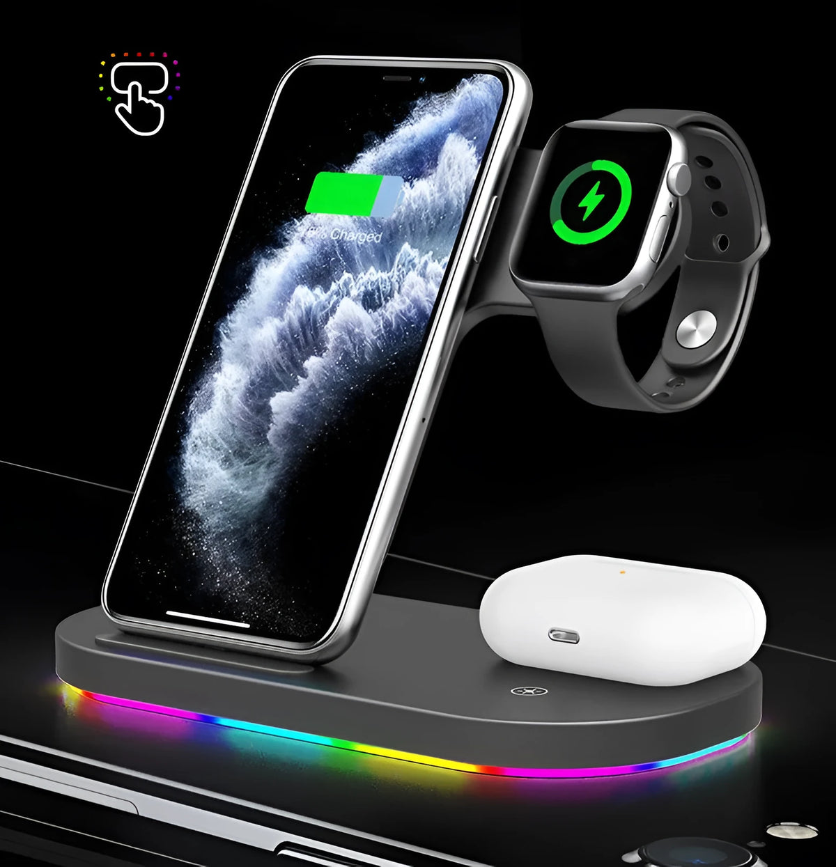 Black three in one wireless charging stand with USB interface, 12V input and output, 2000mA charging current