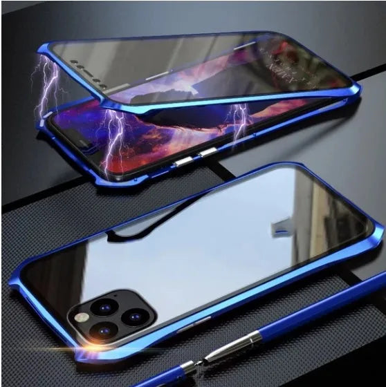 Glass magnetic protective case for iPhone 11 with metal frame and solid colour back