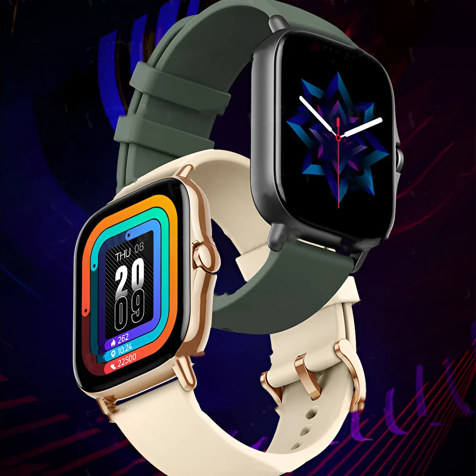 GT20 black smartwatch with alloy case and silicone strap showing heart rate display on screen.