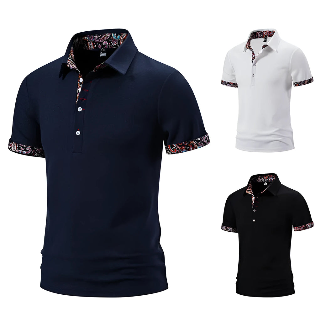 Men's short sleeve polo shirt in cotton blend fabric, showing turnover collar and colour stitching detail.