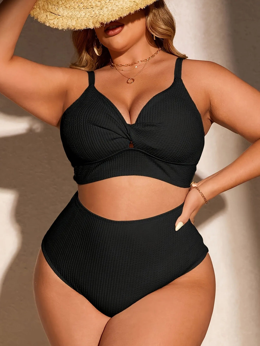 Women's black two-piece bikini set in polypropylene fibre, sizes 1XL to 4XL, with brief-style shorts