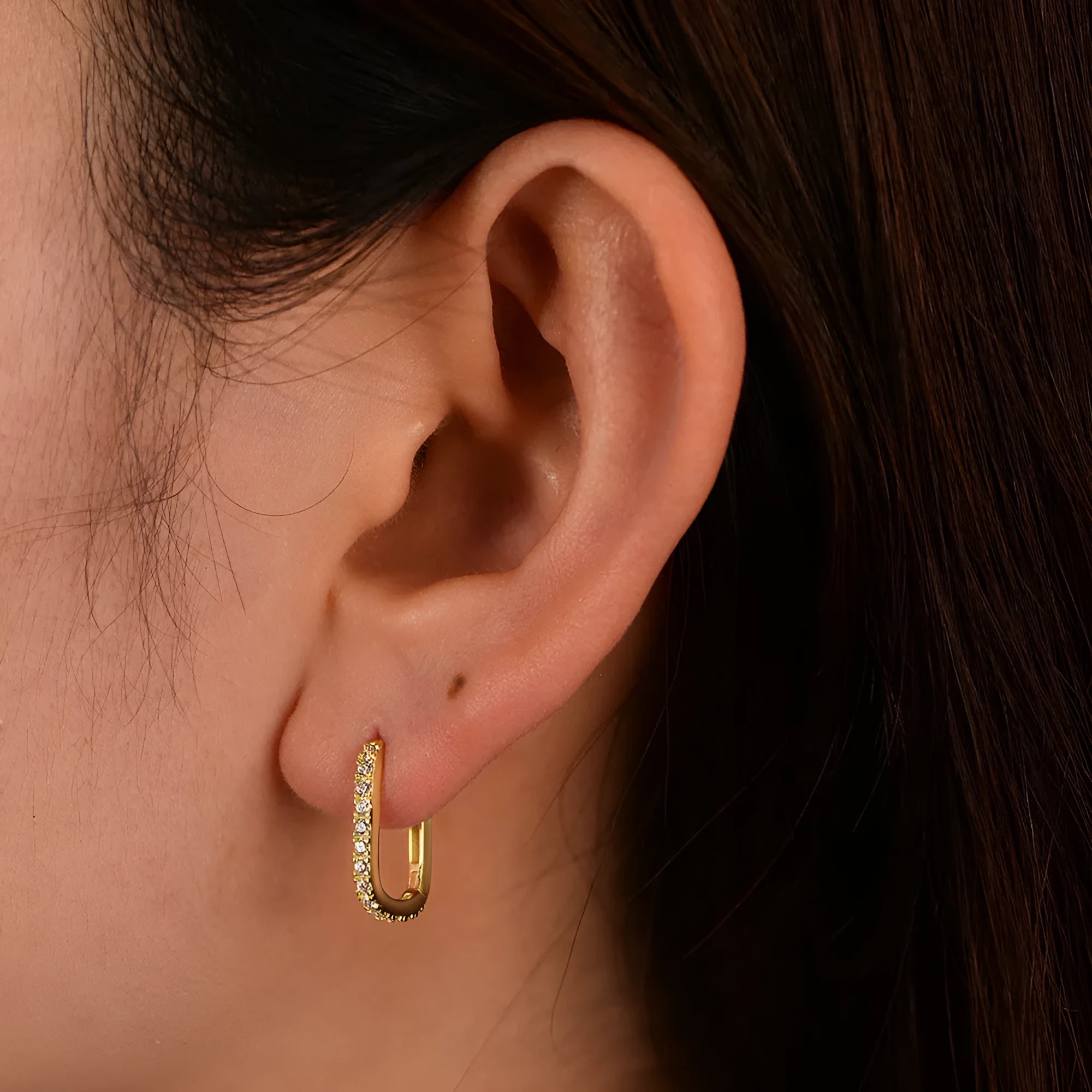 Sterling silver oval geometric ear clips with zircon stones in white or yellow finish