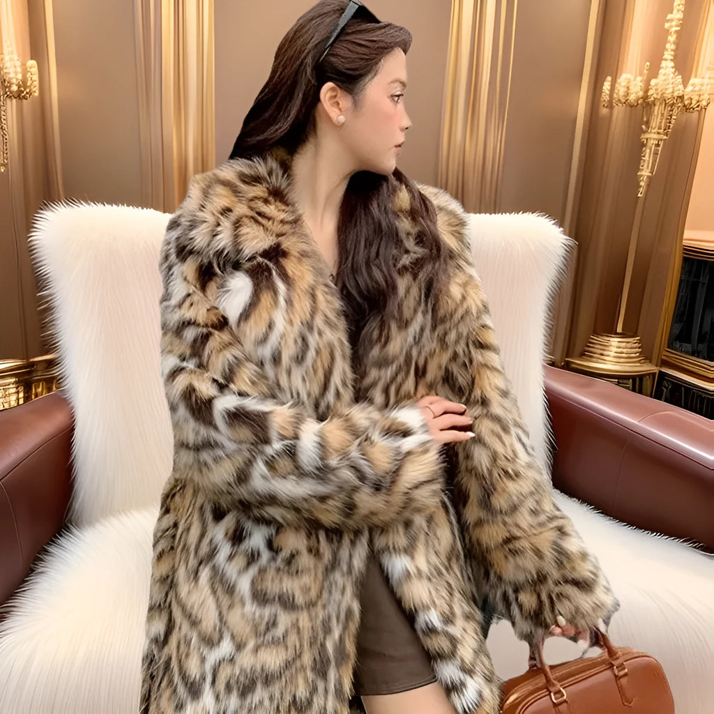 Artificial fox fur coat with fur collar in street fashion style with pockets