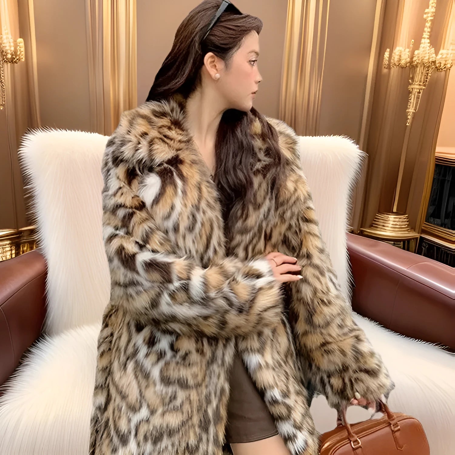 Artificial fox fur coat with fur collar in street fashion style with pockets