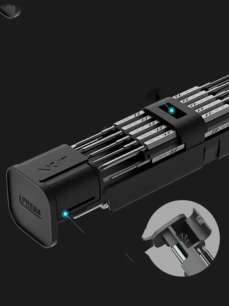 Black multi-function screwdriver set in aluminium tube with magnetic insulated bits for phone and home repair