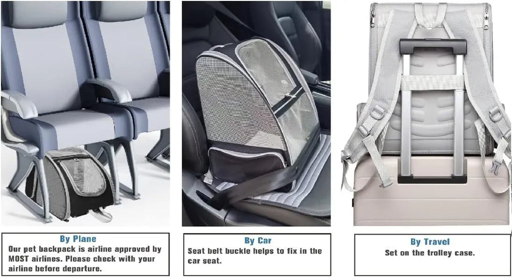 Grey or pink PVC mesh pet carrier backpack for cats and small dogs, 42cm x 31cm x 5cm, with chest buckles and removable mat
