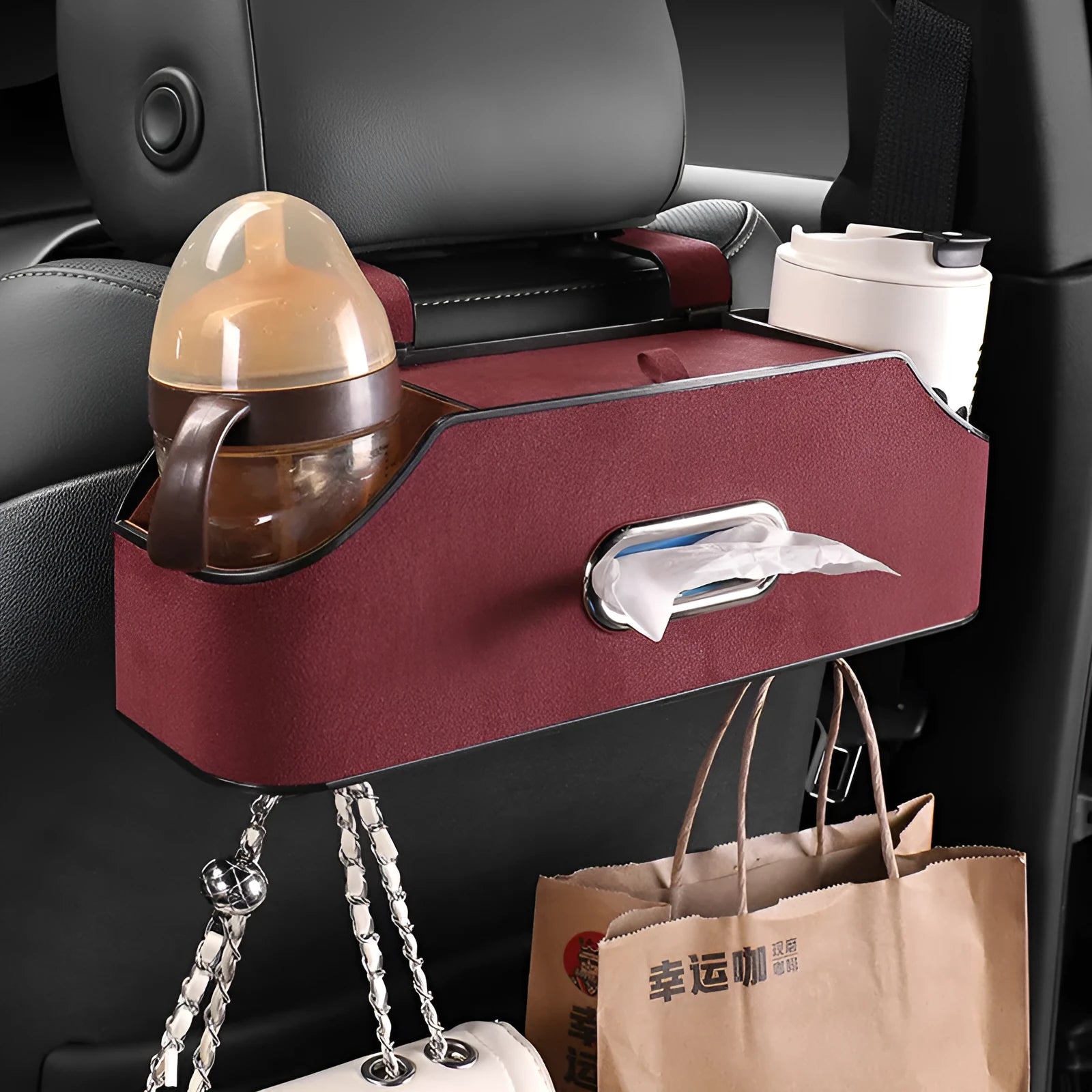 Genuine leather car tissue box holder with water cup storage compartment