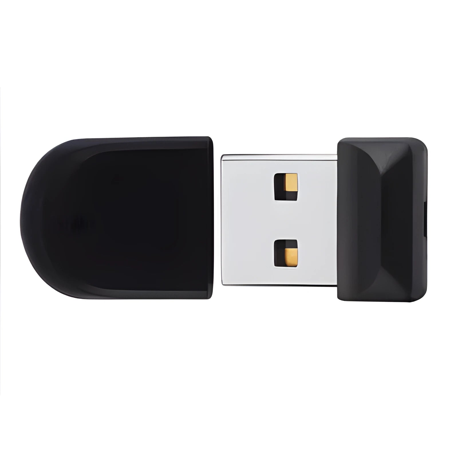 Black rotating waterproof USB flash drive with plastic shell shown in open and closed positions.