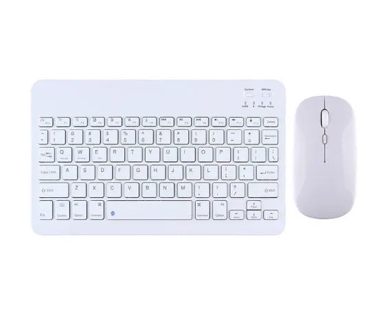 Bluetooth keyboard and rechargeable mouse set for tablet in elegant white on a desk