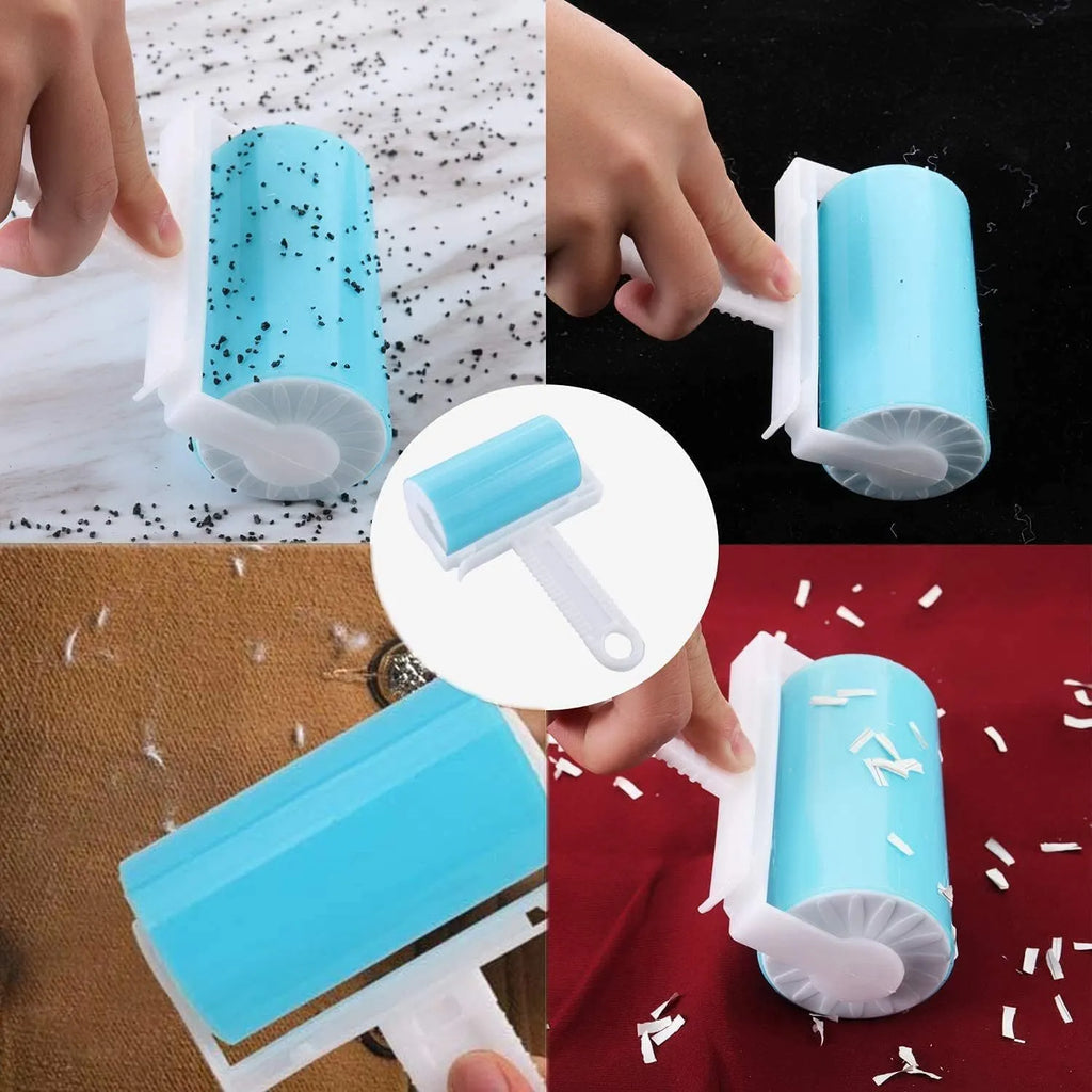 Set of four coloured washable reusable lint rollers with covers for removing pet hair.