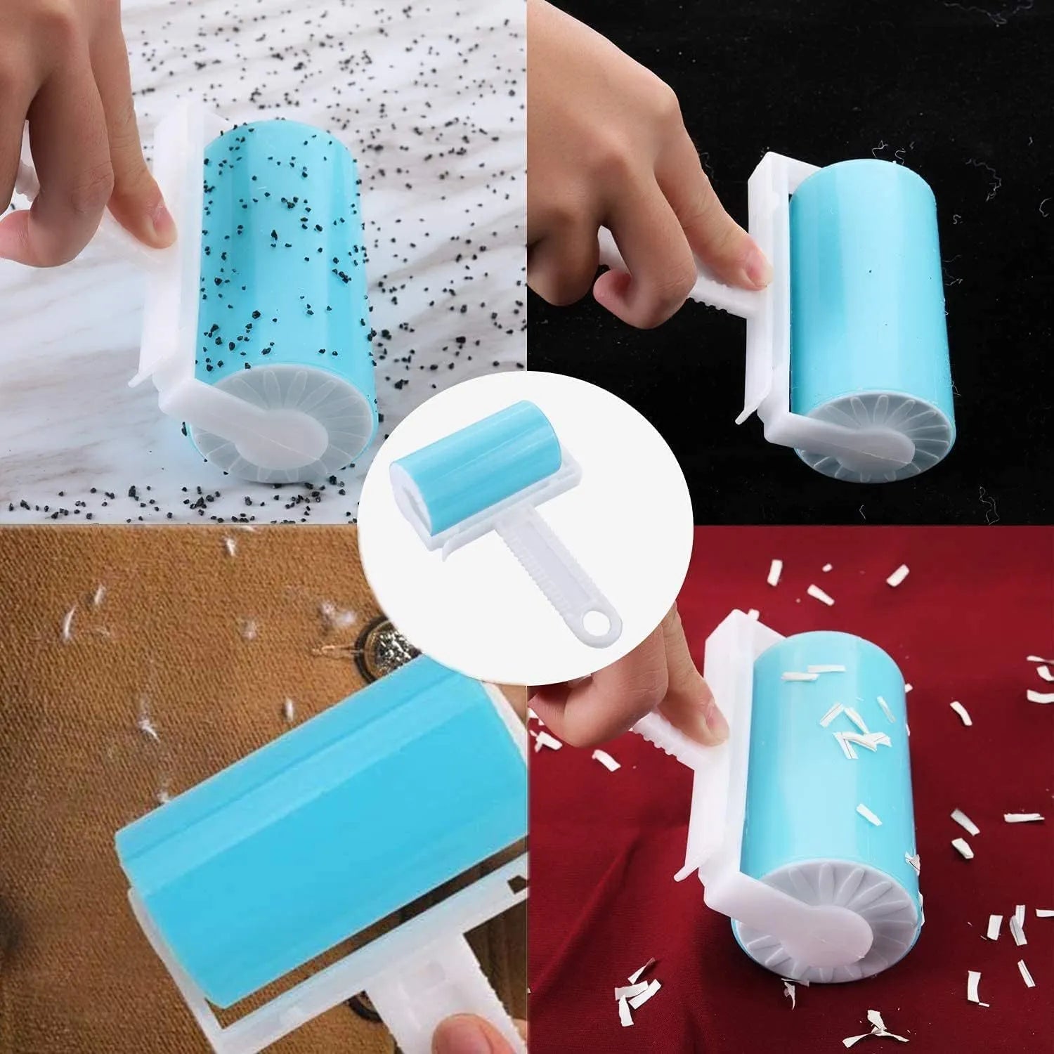 Set of four coloured washable reusable lint rollers with covers for removing pet hair.