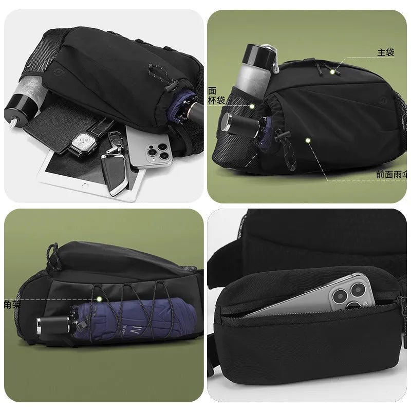 Unisex nylon waist backpack shown in Army Green colour with adjustable shoulder and waist straps.