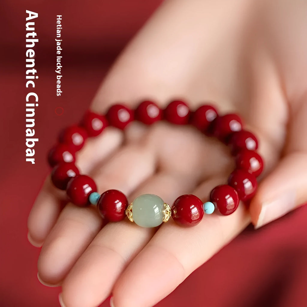 Purple Gold Sand geometric bracelet with cinnabar and Hetian jade beads in unisex cartoon style.