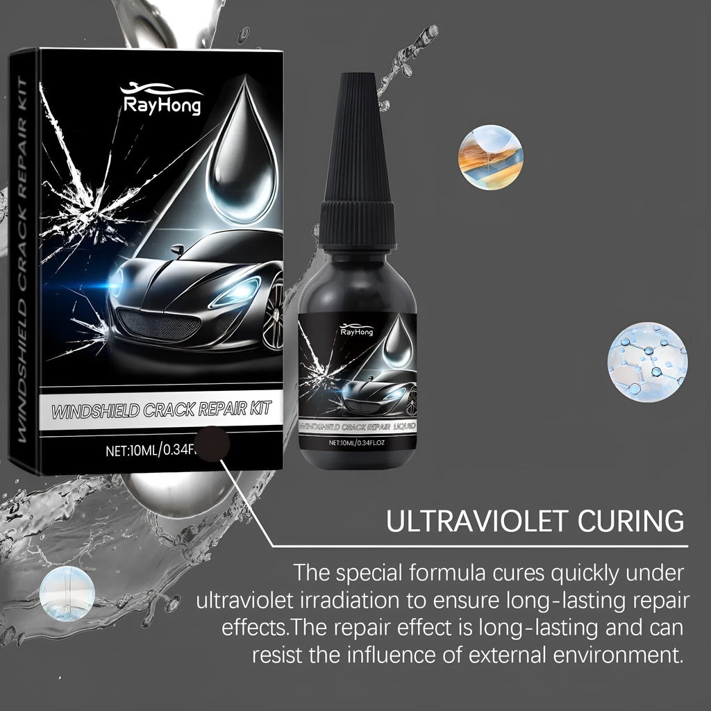 Car windshield repair suit kit with 10ml essence bottle blade and curing films on blue background
