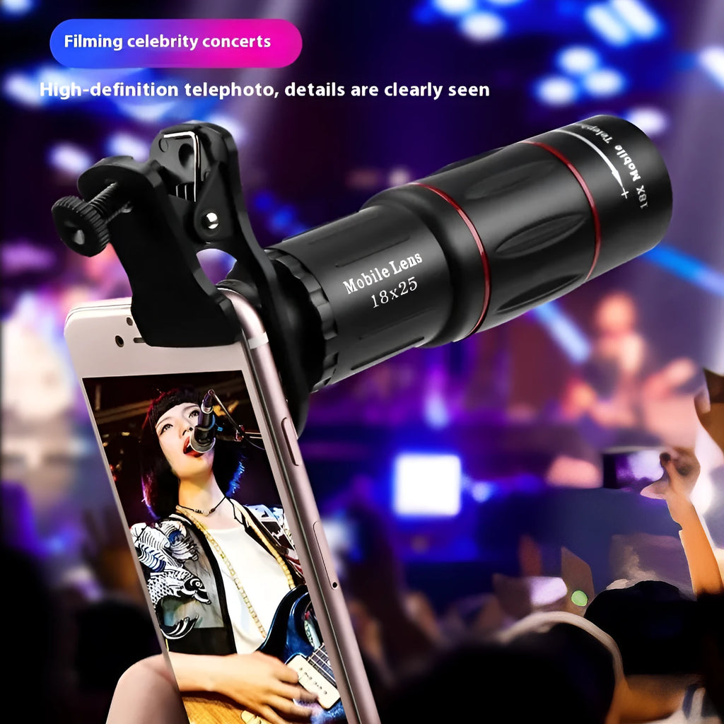 18x high-definition external telephoto lens for mobile phones with clip-on mount and handheld bracket