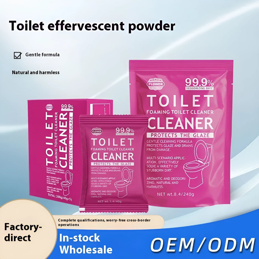 Toilet bubble effervescent cleaning powder in blue or pink fragrance, showing 240g bag and box of 40g sachets.