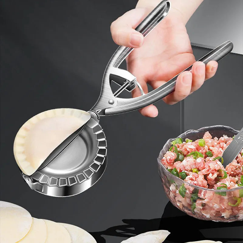 Silver stainless steel dumpling maker mould with handle for pressing homemade dumplings