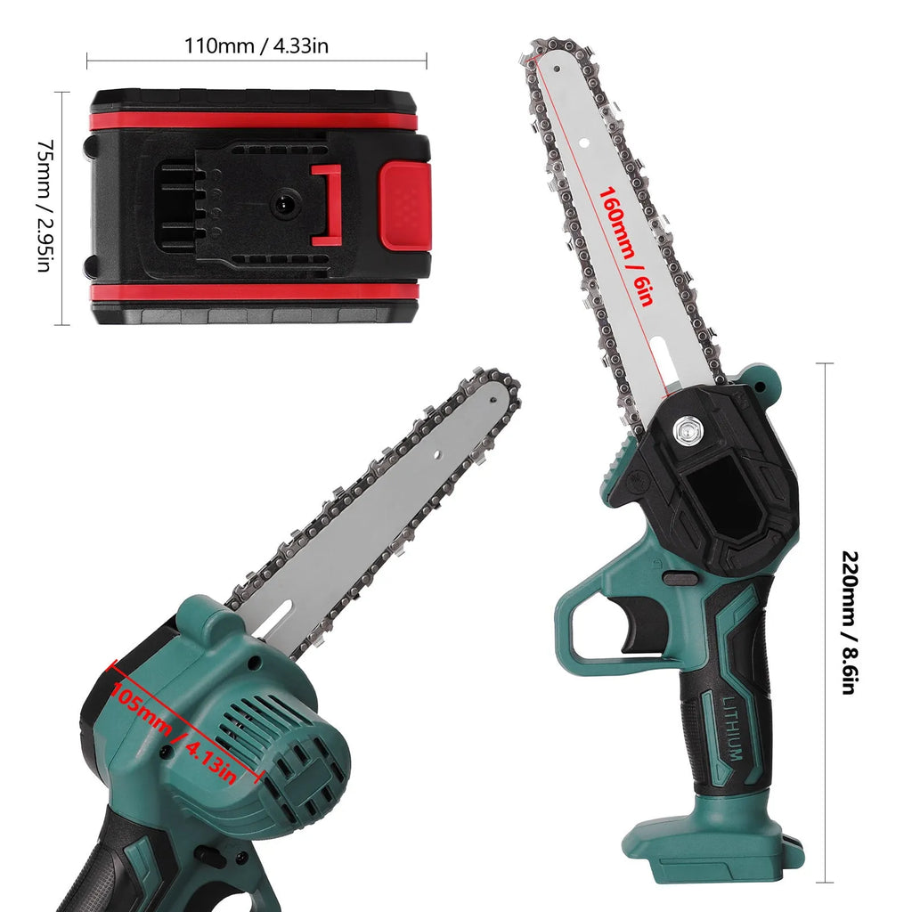 Black mini electric chainsaw with 4-inch guide plate showing compact one-handed design for portable wood cutting