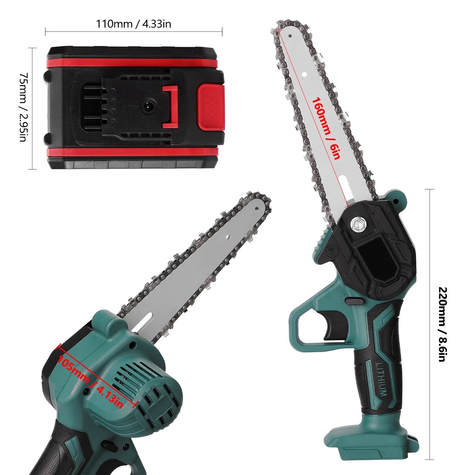 Black mini electric chainsaw with 4-inch guide plate showing compact one-handed design for portable wood cutting