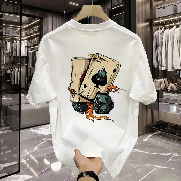 Men's black and white heavy cotton short-sleeved T-shirt with printed design, shown in sizes from S to 5XL.