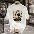 Men's black and white heavy cotton short-sleeved T-shirt with printed design, shown in sizes from S to 5XL.