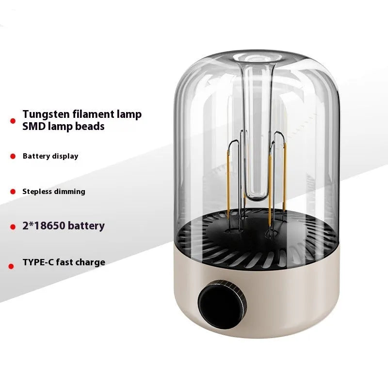 Beige rechargeable LED camping tent light with analog brightness knob and USB port on a wooden surface.