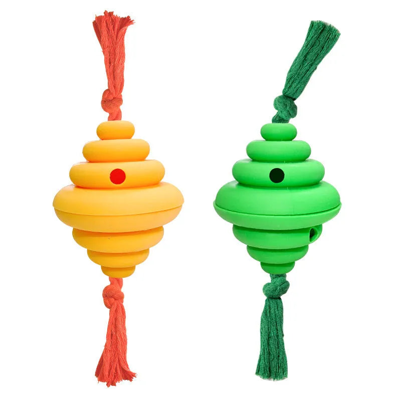 Green and yellow dog ball with rope attachment for large breed interactive play and treat dispensing