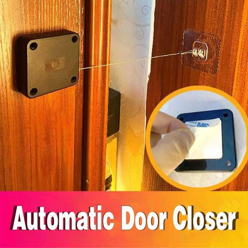 Automatic door closer with adhesive backing and transparent hook for punch-free installation on a door.