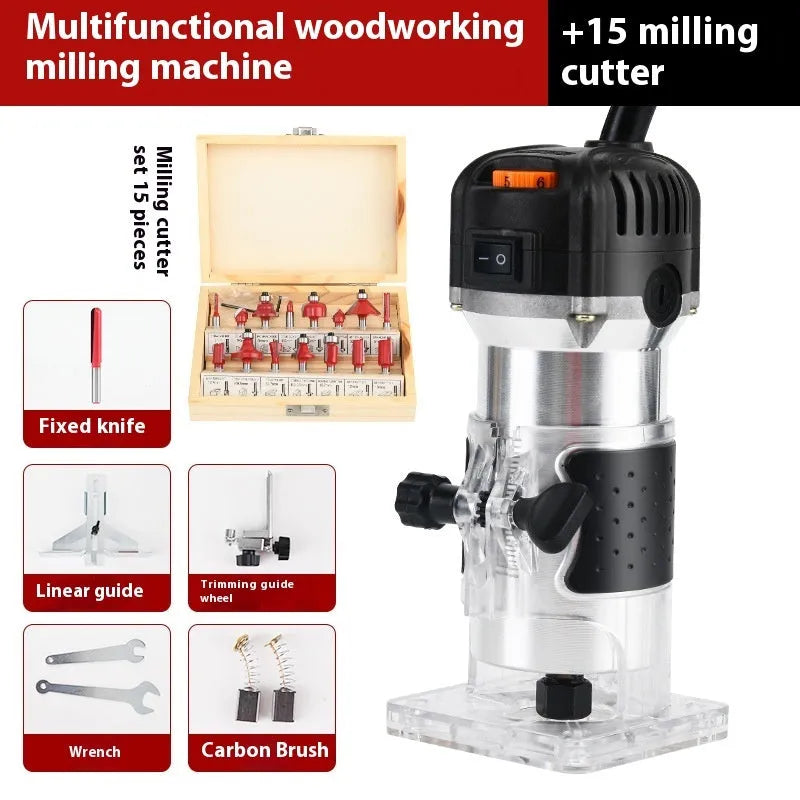 6-speed aluminium body electric woodworking trimmer router with 15 milling cutters and straight knife