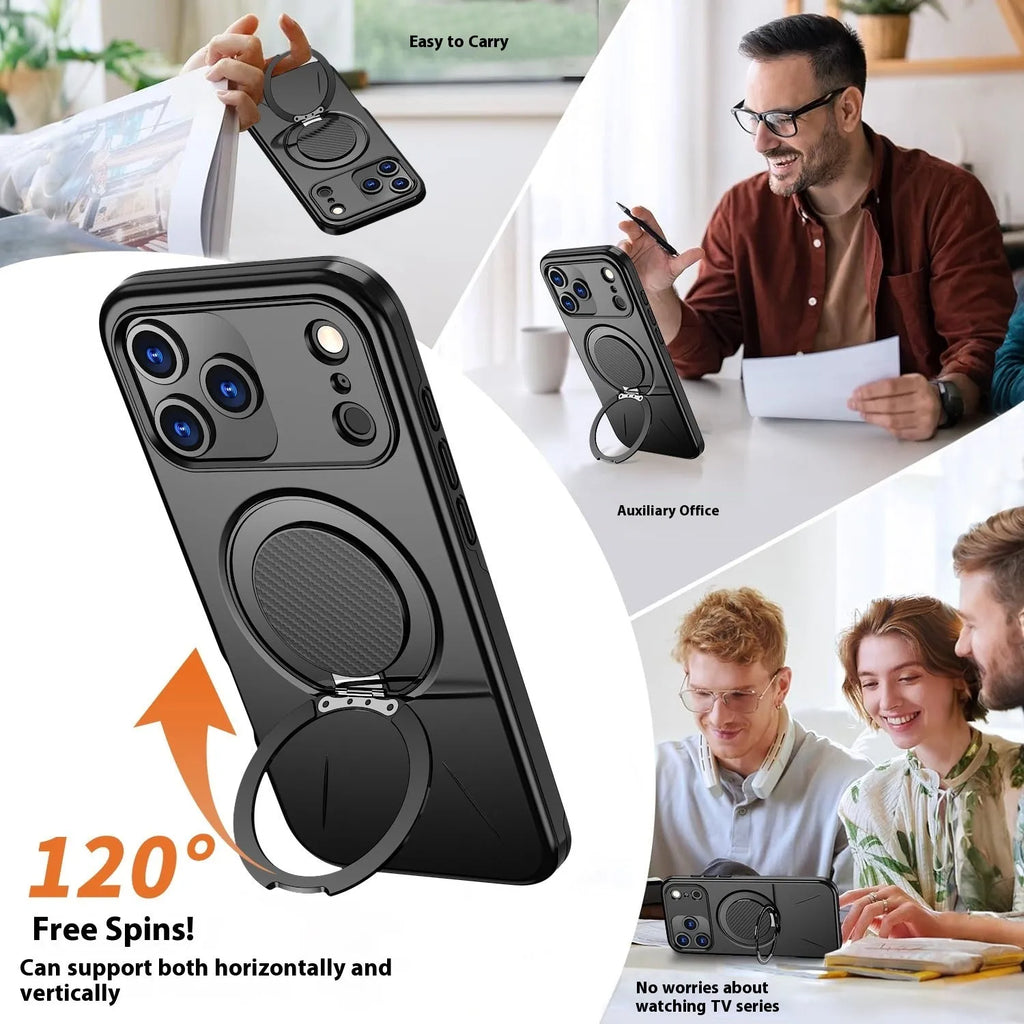 iPhone 17 Pro case with rotating damping magnetic bracket in TPU PC and aluminium alloy, black colour