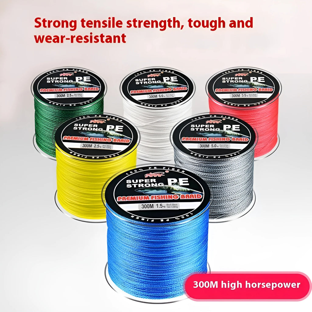 A reel of 300-metre, 4-section PE fishing line available in multiple colours and line numbers.
