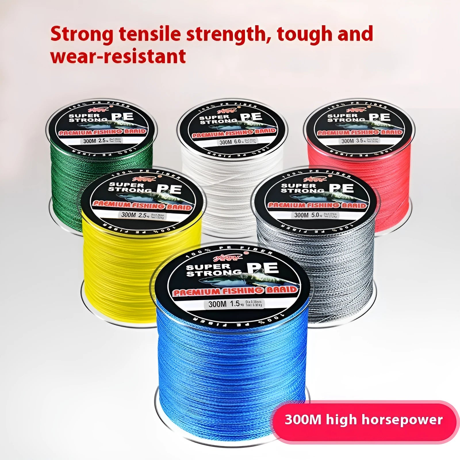 A reel of 300-metre, 4-section PE fishing line available in multiple colours and line numbers.