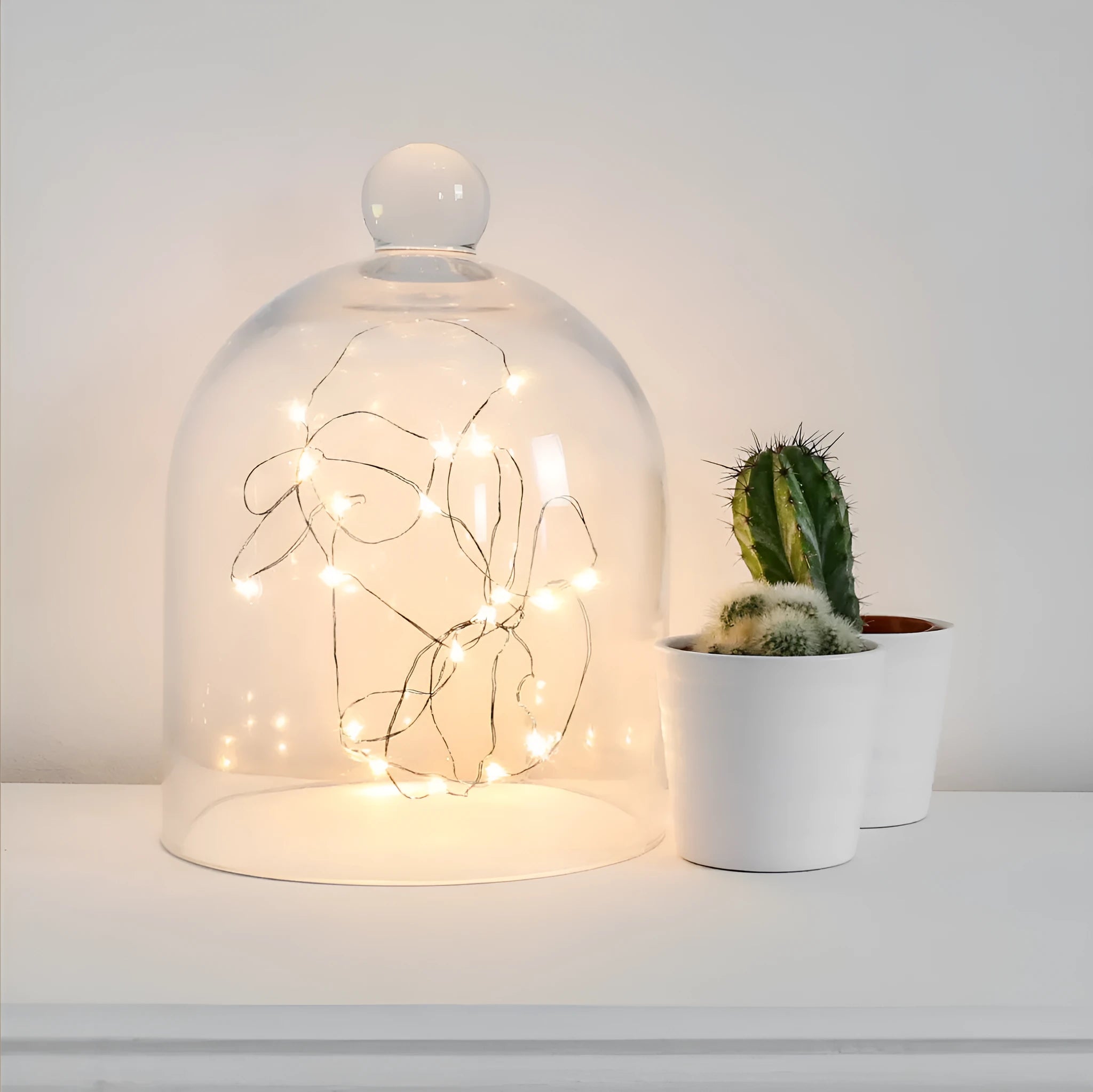 Copper wire LED button light string with battery box, shown in warm white and white light options.