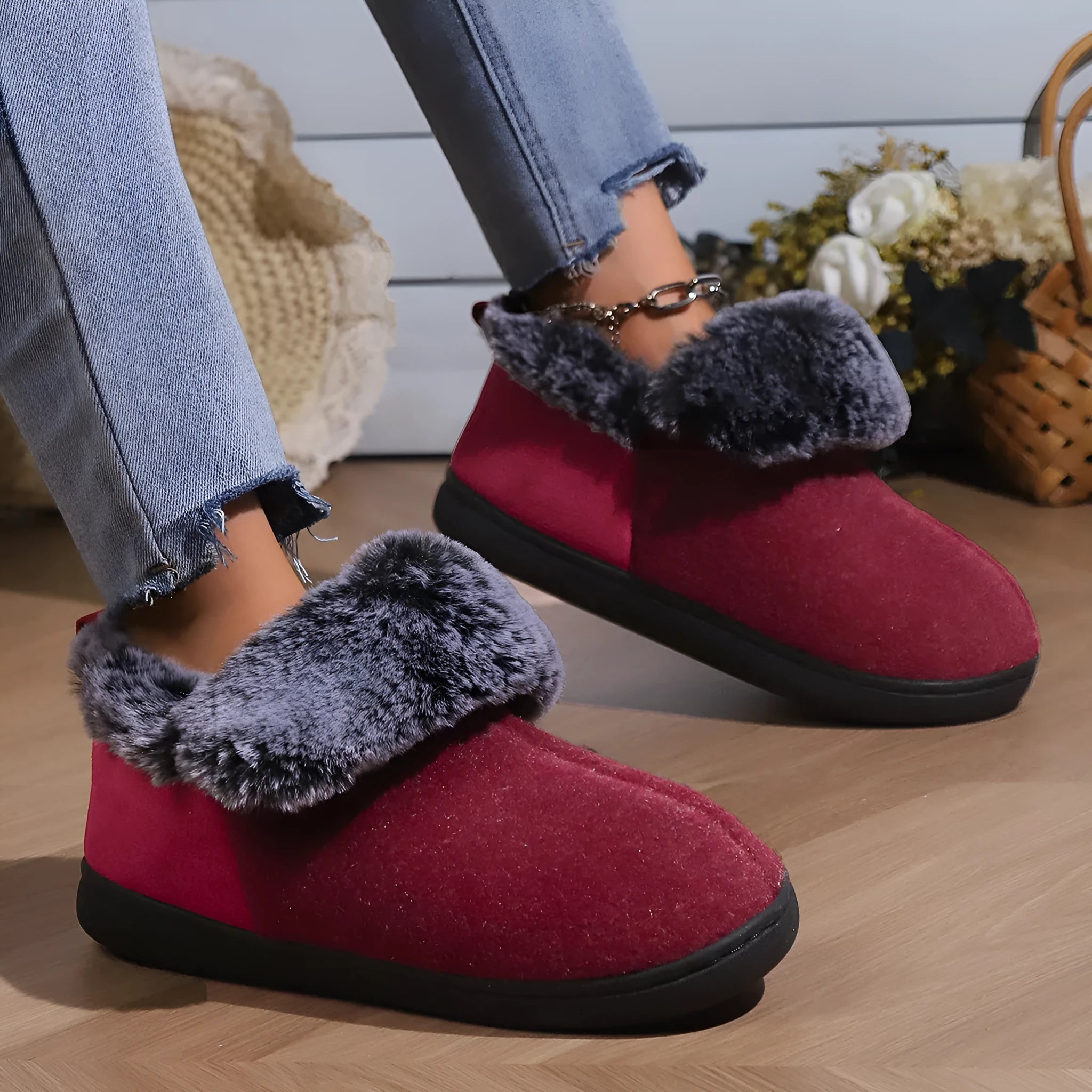 Wine red felt fur collar memory foam indoor slippers with synthetic leather upper
