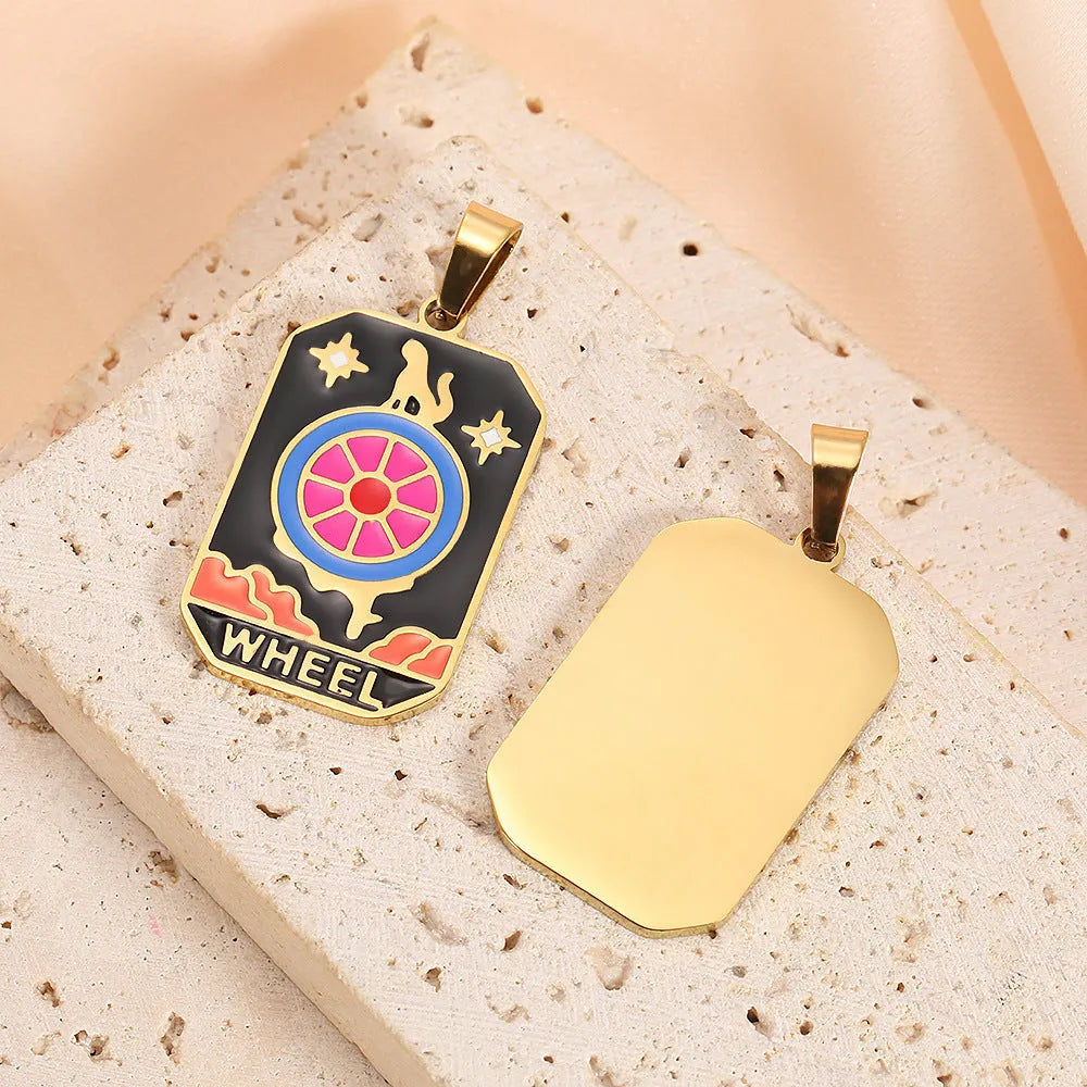 French retro tarot pendant rectangular dripping oil finish 304 stainless steel 2.1 cm