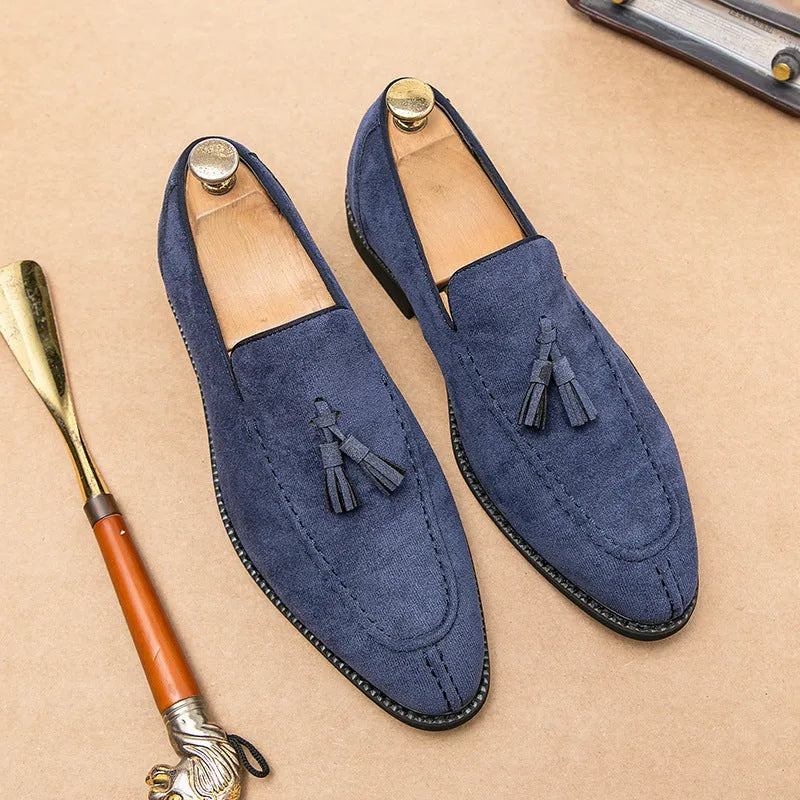 Men's suede matte leather shoes in purple or blue, flat heel, low tube, sizes 38-48, artificial PU upper, plastic sole.