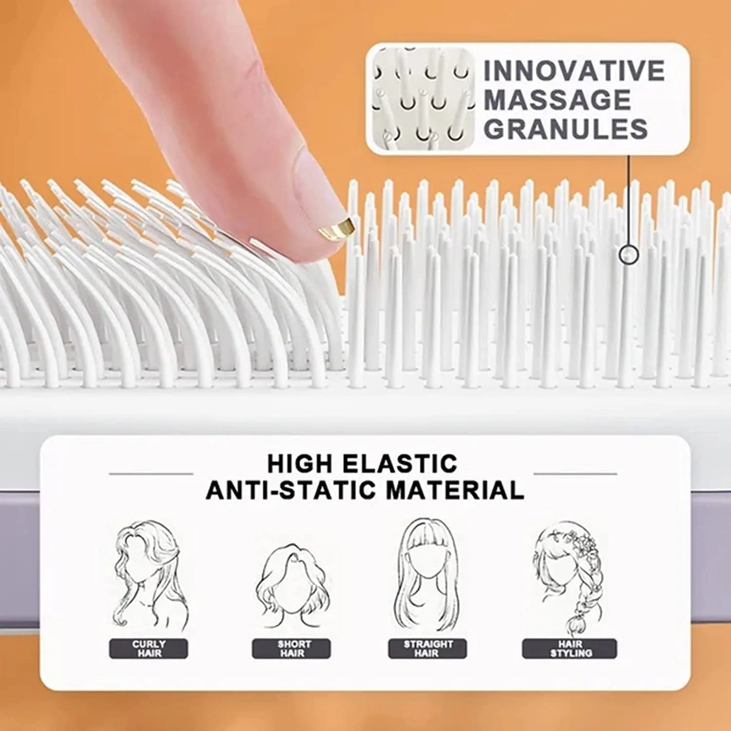 Purple self-cleaning hair brush with twist handle and massage comb teeth showing cleaning mechanism