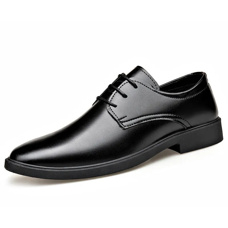 Men's black British style casual formal leather shoes with PU upper and PVC sole, low top, sizes 39 to 47