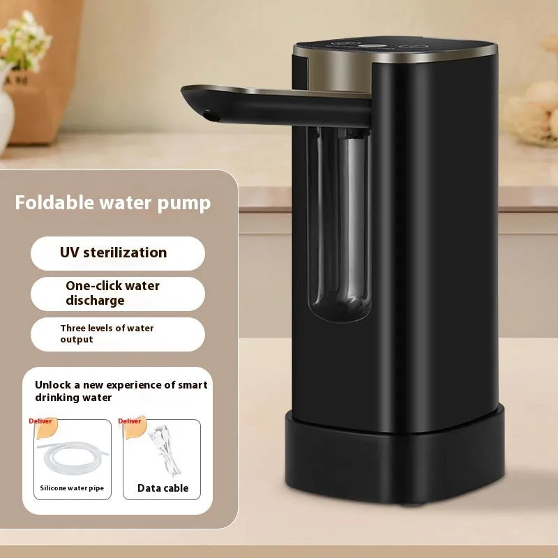 Black and white portable bucket table water pump with LCD touch screen in folded position.
