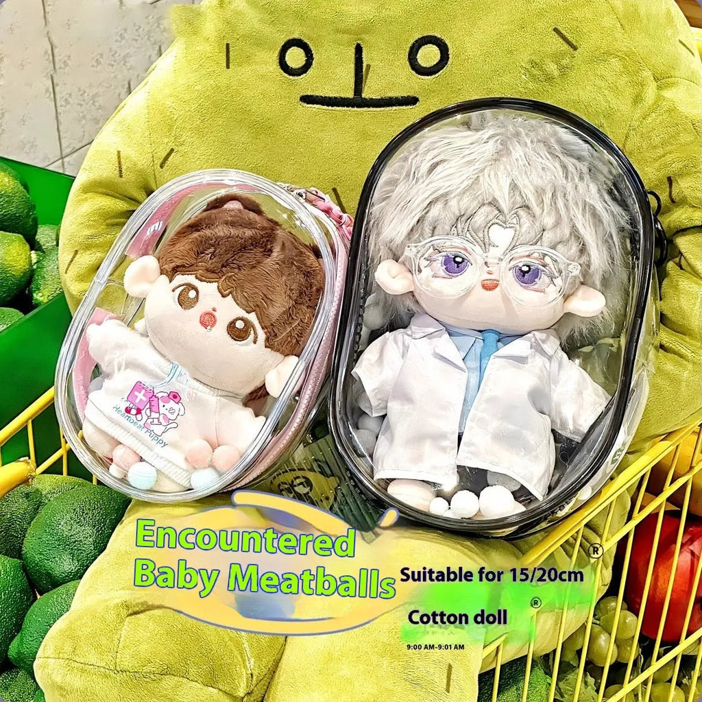 Clear PVC cube storage bag 17cm with keychain in avocado green colour for dolls.