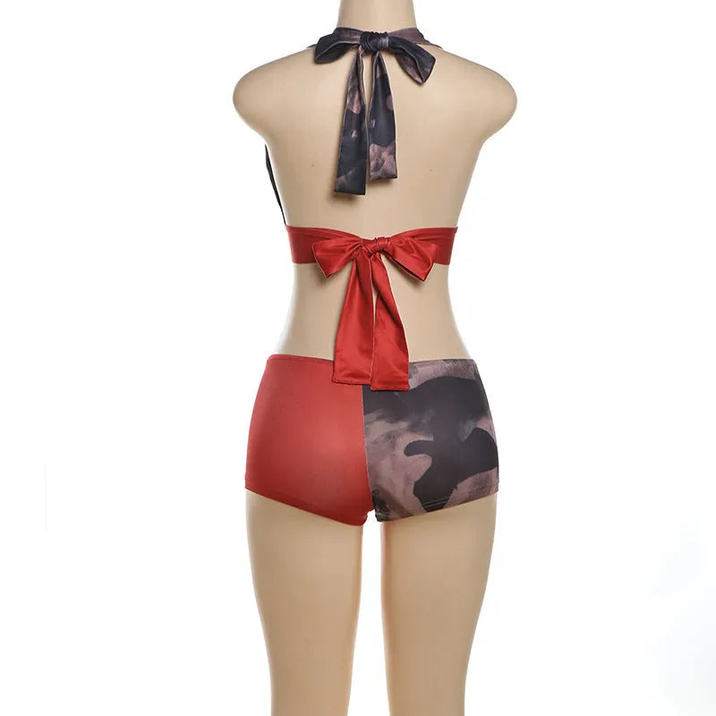 Red women's high waist hip lift bikini set with 3D printed pattern
